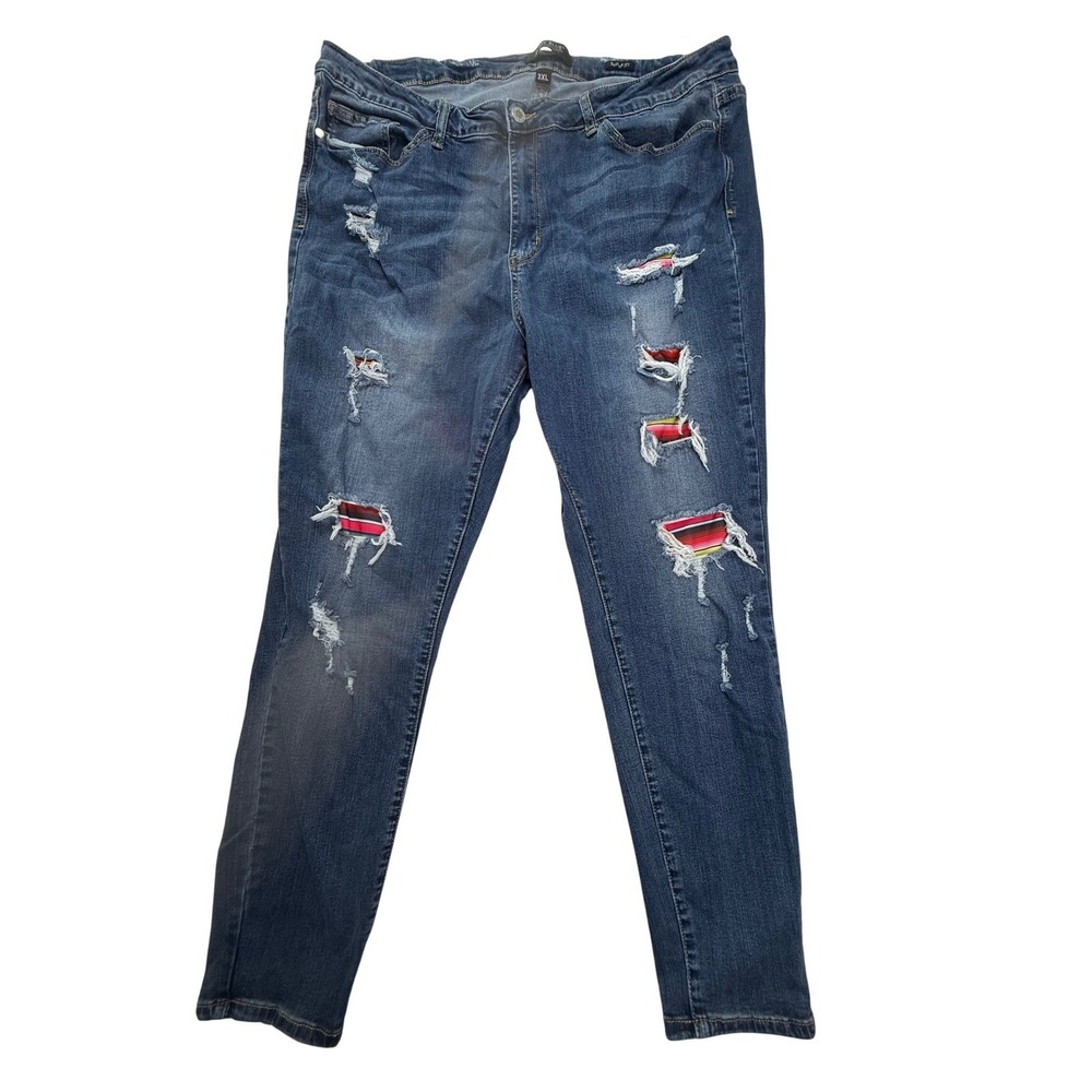 Judy Blue Serape Patch Distressed Skinny Jeans Mens 3XL‎ Blue Denim JB8424